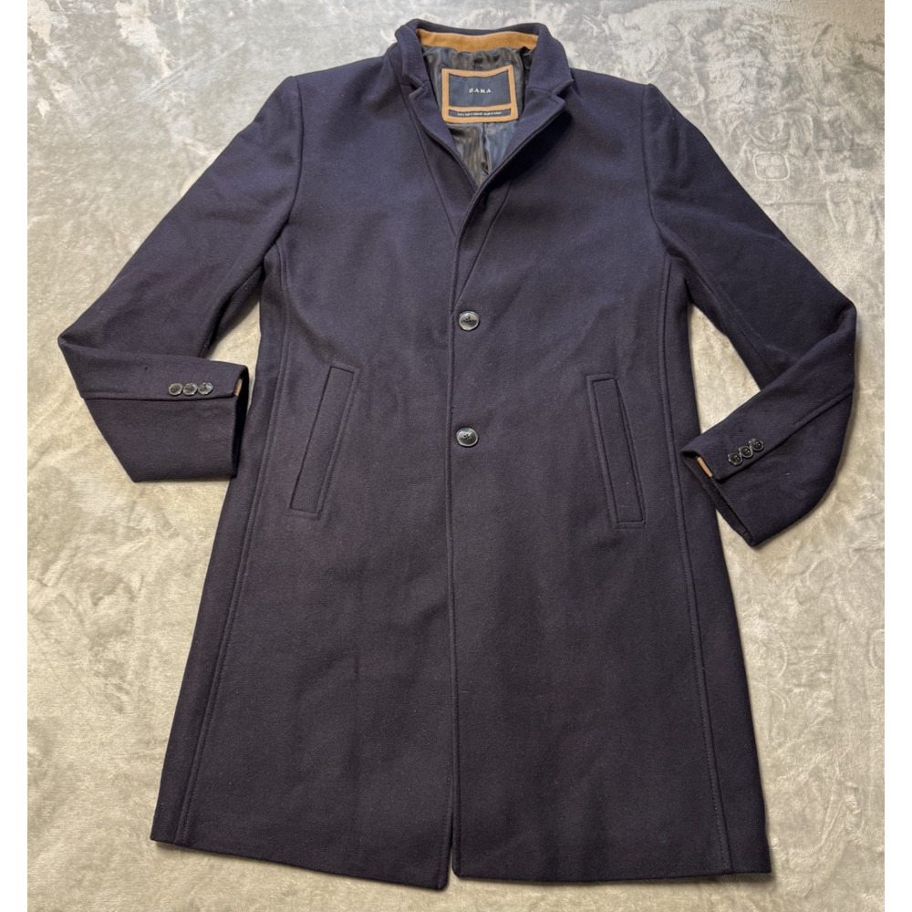 ZARA Mens Navy Blue Wool Blend Overcoat Jacket Peacoat 2 front Button Sz Large - Picture 3 of 13